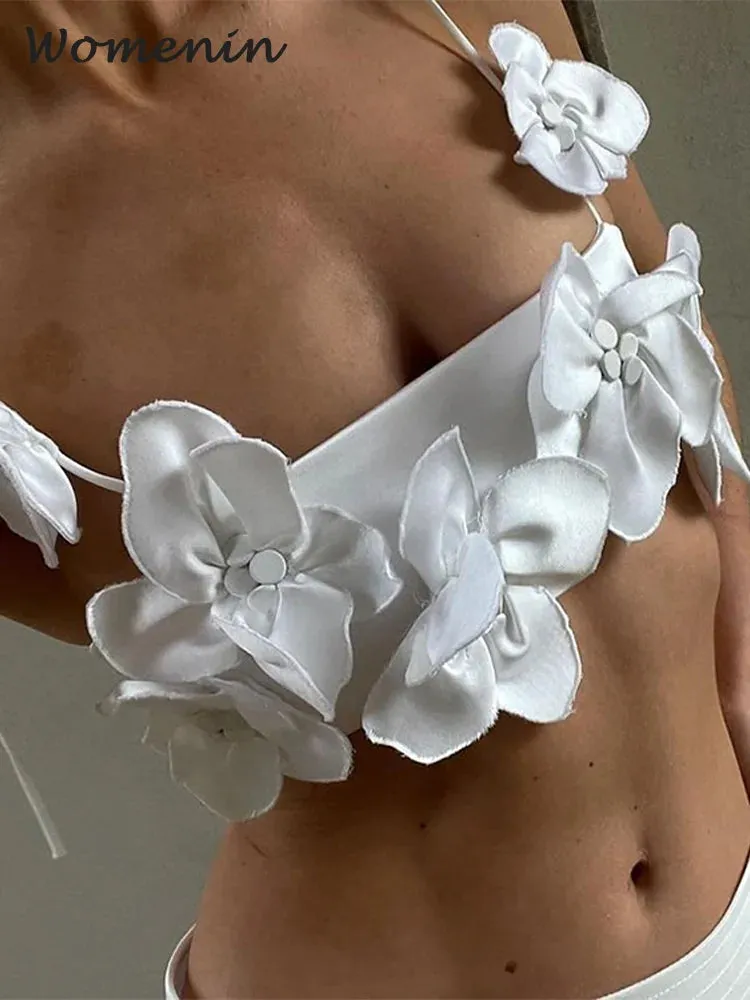 Znbbw 3D Flower Sling Vest Women White Sleeveless Backless Crop Waistcoat 2024 Spring Summer Fashion Lady All-match Streetwear - Image 2