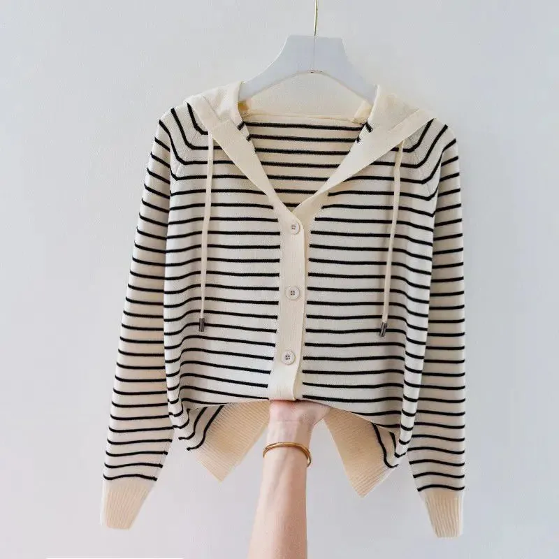 Znbbw Autumn/Winter New Hooded Knit Cardigan Sweatshirt Western Loose Striped Hooded Top