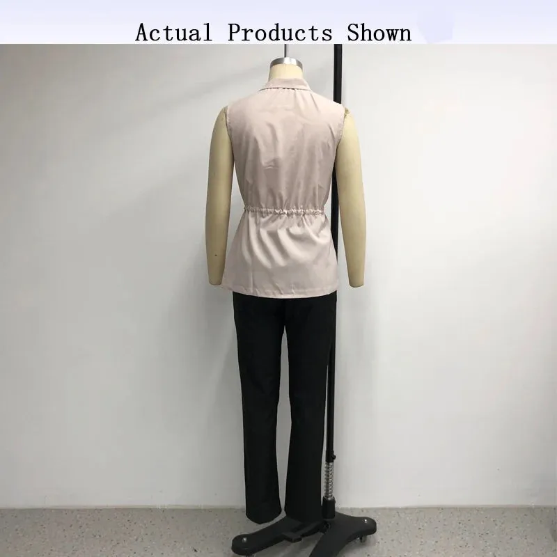 Znbbw Women Office Matching Set Simple Lapel Solid Drawstring Lace Up Nipped Waist Vest Top Pants Sets Streetwear For Female - Image 4