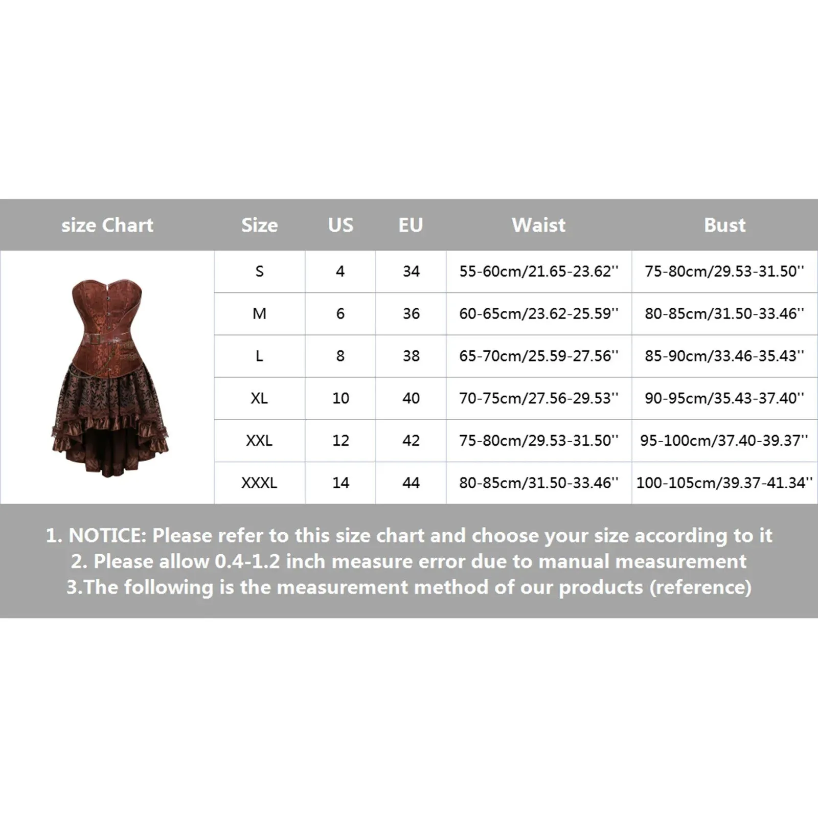 Znbbw Women`s European Steampunk Pirate Costume Women Corset Dress Skirt Lace Up Plus Size Brown Zipper Faux Leather Corset Dress - Image 5
