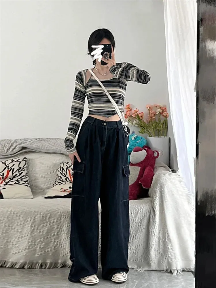 Znbbw Autumn Loose Casual Women Cargo Pants Straight Jeans Black Grey Hip Hop High Quality Bottoms Simple Couple Denim Pants New - Image 4
