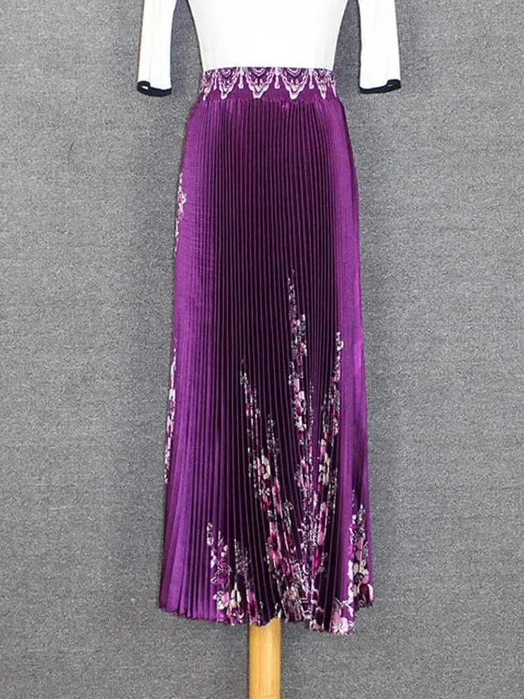 Znbbw Women's Spring Summer Glossy Print Pleated Skirt Large Size High Waist Temperament Was Thin Large Pleated Skirt WA257 - Image 9