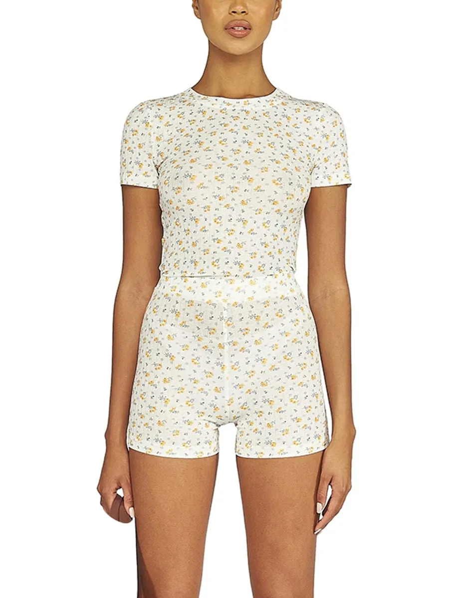 Znbbw Women Spring Summer Two Pieces Knitted Shorts Set Long Sleeve Floral T-shirts Crop Tops High Waist Shorts Outfits Streetwear - Image 8