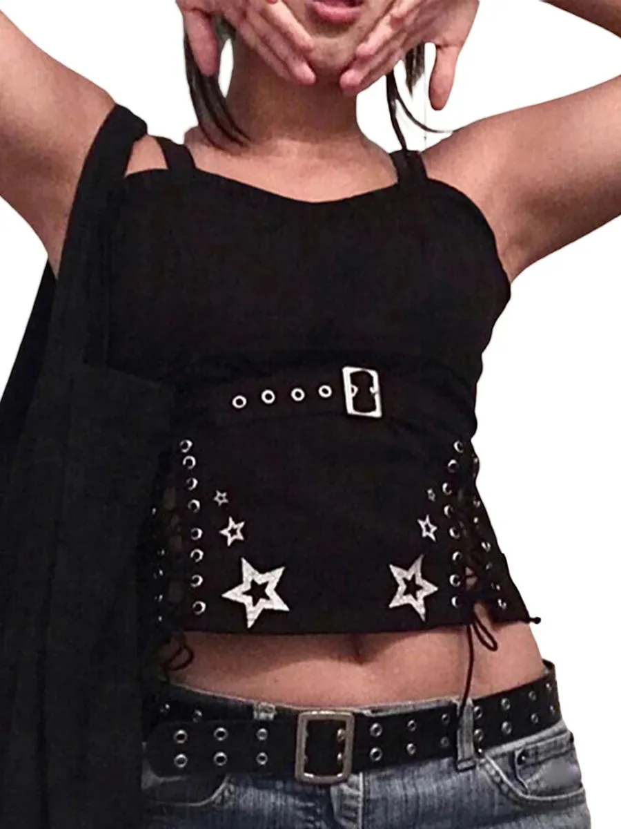 Znbbw Women Tank Tops Summer Gothic Punk Style Casual Star Print Bandage Crop Tops for Streetwear Club Wear