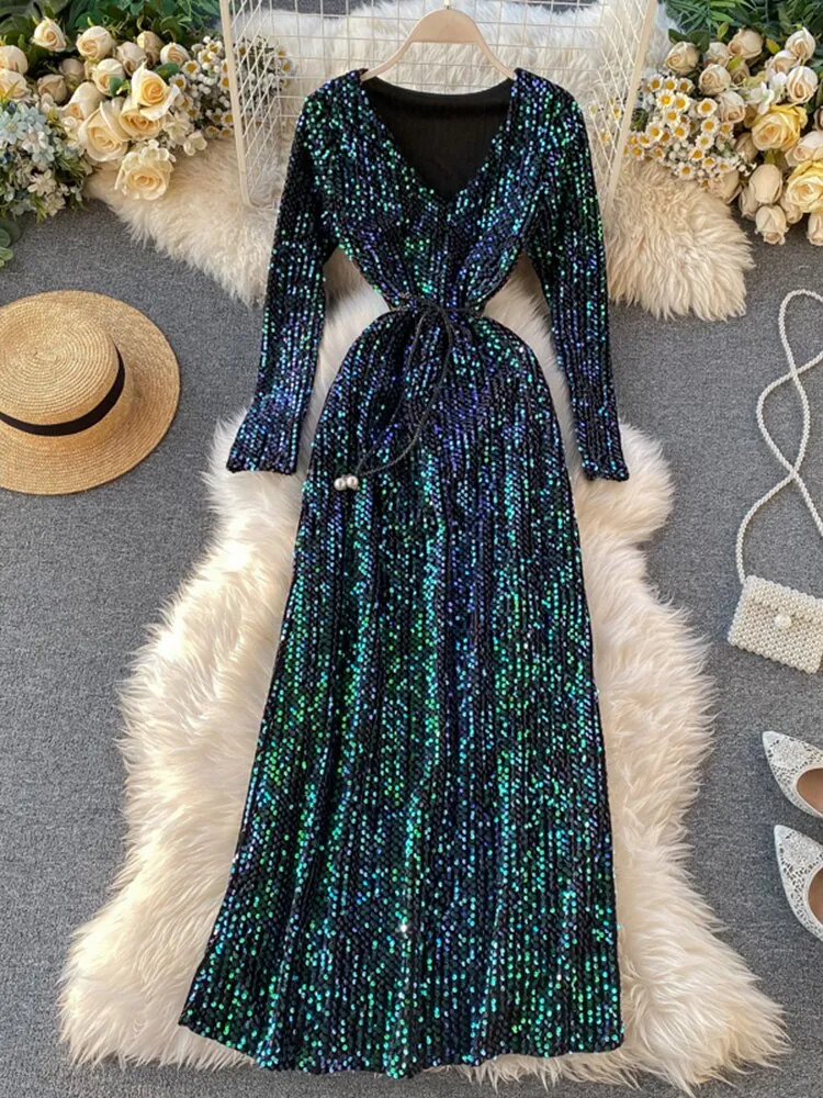 Znbbw Women's Party Dress Long-sleeved Dress New Sequin Temperament Banquet Host Elegant V-neck Waist Lacing Dress Sexy Dress Y454 - Image 2