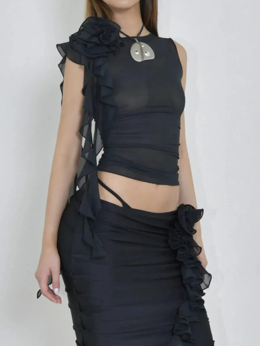 Znbbw Women Sexy Tassel Ruffle Tanks Top Y2k Sleeveless Mesh See-Through Slim Crop Cami Summer 3D Flower Sleeveless Shirt Streetwear - Image 3