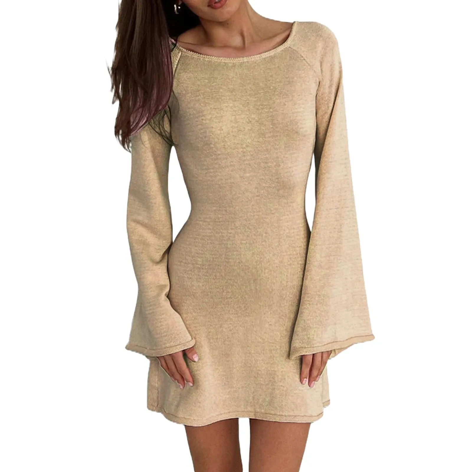 Znbbw Women Knitted Dress Casual Solid Color Backless Long Sleeve Mini Party Dress for Beach Cocktail Club Streetwear - Image 6