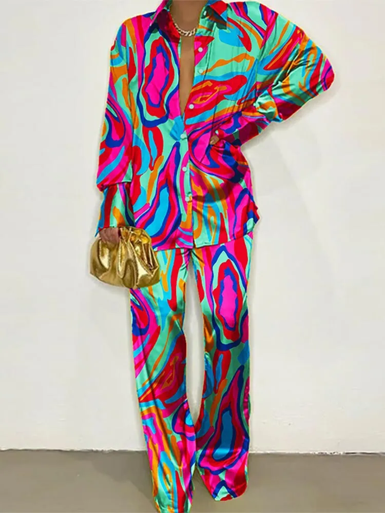 Znbbw Women Printed Long Sleeve Shirt 2 Piece Set Elegant Lapel Single-breasted Tops Suit 2023 Female Wide Leg Pants Outfits 914 - Image 2