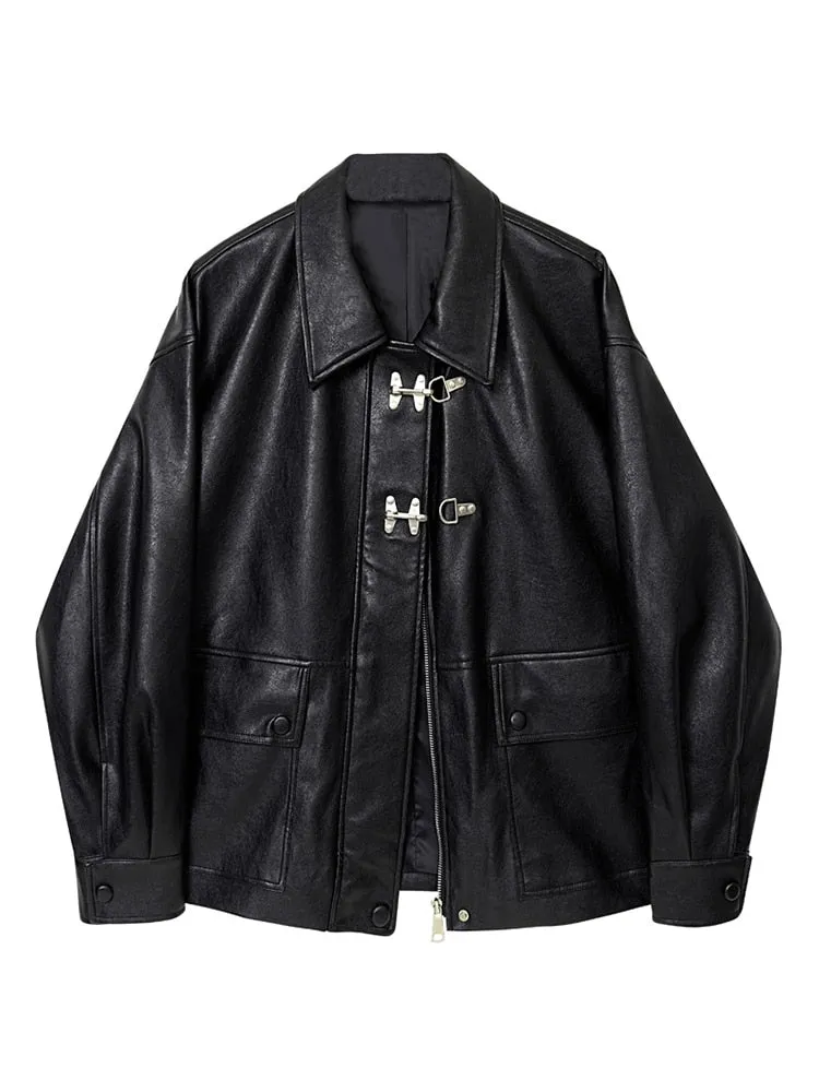 znbbw Women's Vintage Black PU Leather Jacket Motorcycle Coat 2023 Autumn Winter Female Korean Casual Loose Streetwear Outwear - Image 3