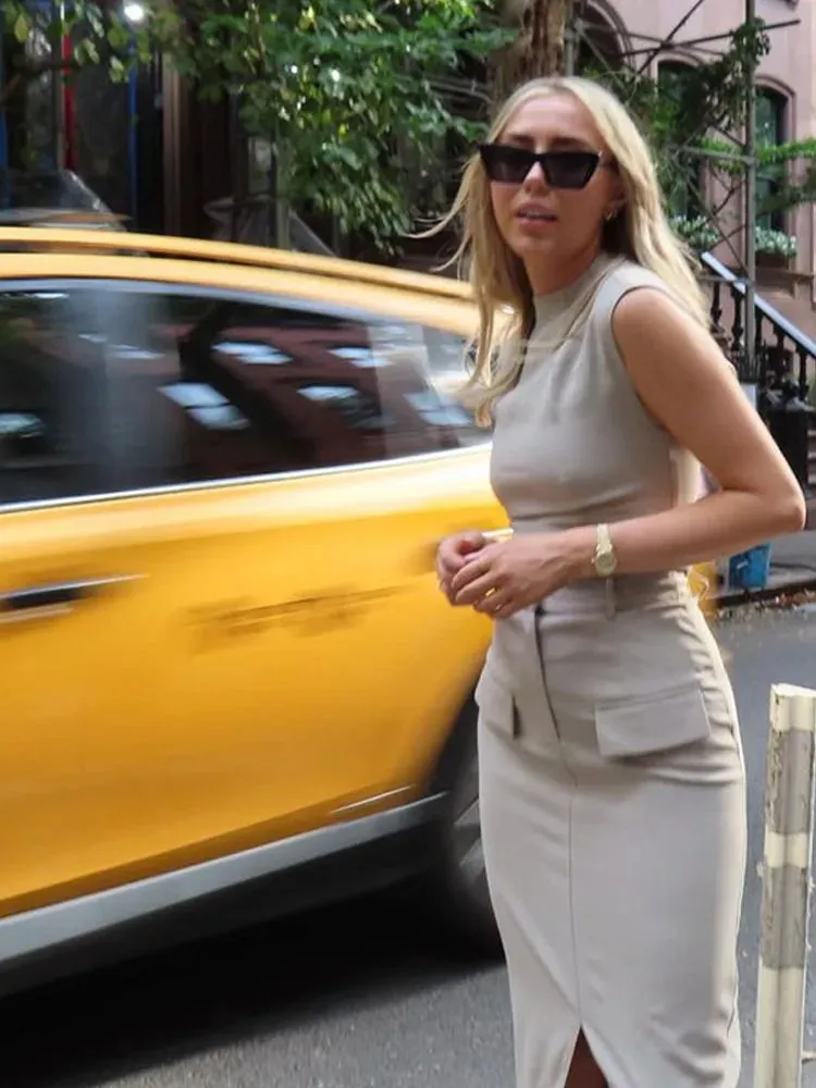 Znbbw 2 Piece Sets Women Outfit 2024 Spring Summer Chic Solid Slim O-neck Top High Waist Pocket Split Skirts Lady Skirt Set - Image 2