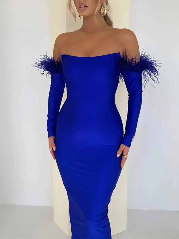 Znbbw Elegant Off-shoulder Feather Sleeve Maxi Dress Women 2023 New Strapless Backless Bodycon Long Dress Vestido - Image 3