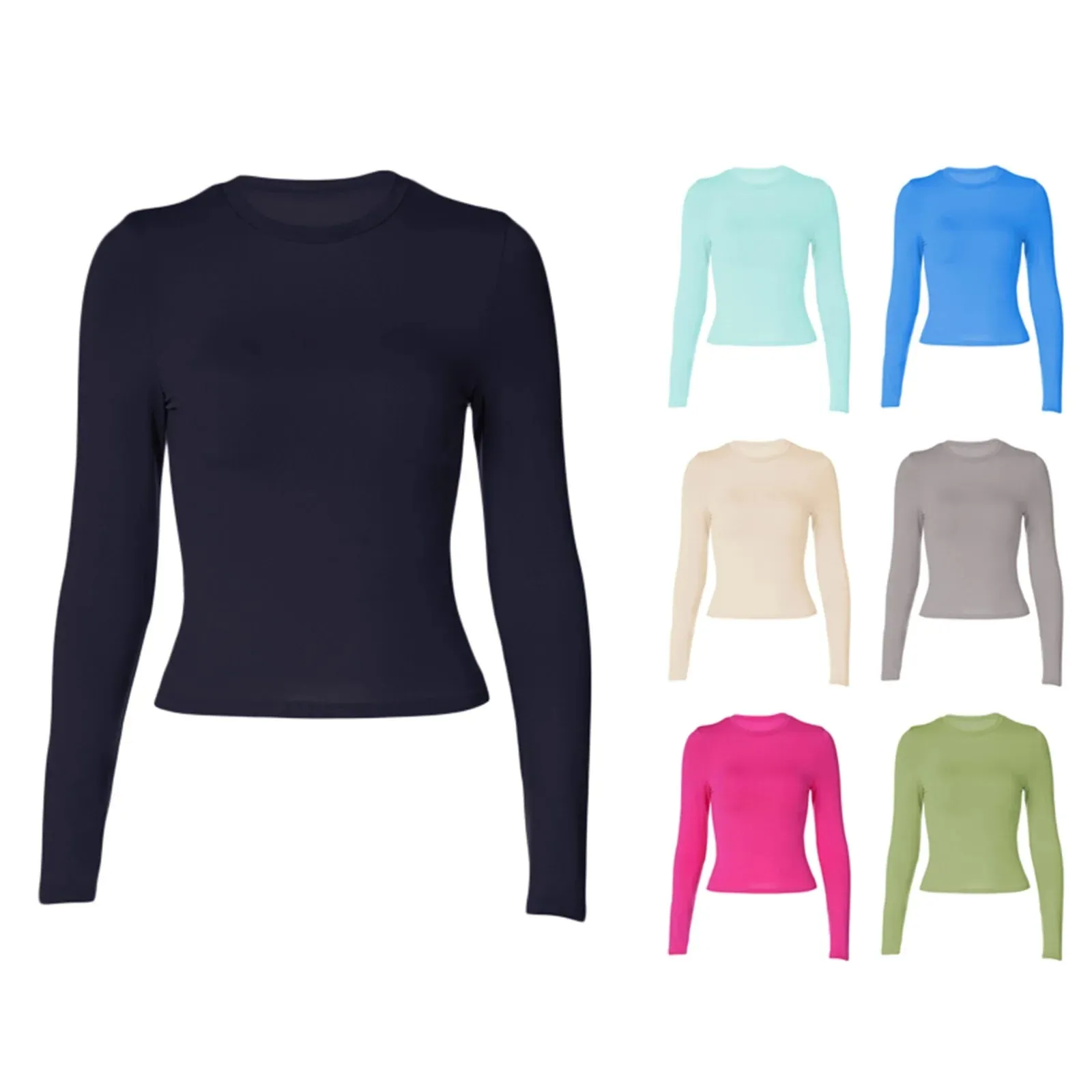 Znbbw Women's Slim Fit Going Out Crop Tops Casual Solid Color Crew Neck Long Sleeve Tight Tee Shirt Basic Streetwear 90s y2k Tees - Image 6