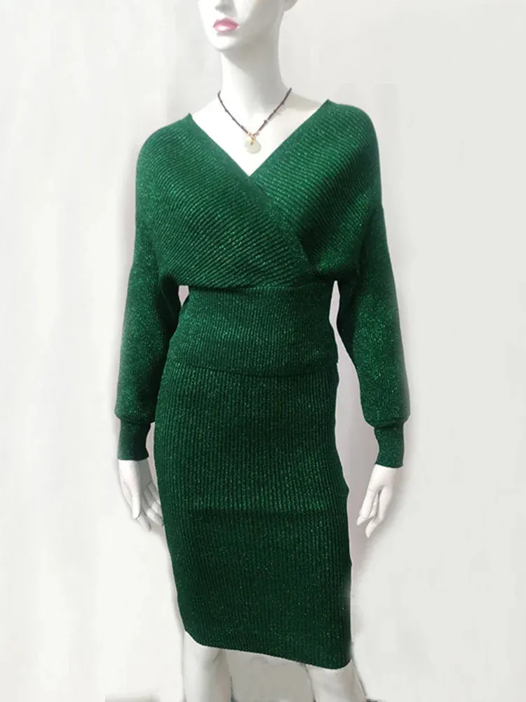 Znbbw Women's High Waist Bright Silk Knit Bag Hip Skirt Two-piece Fashion V-neck Sweater Bat Sleeve Two-piece Women's Sets GD123 - Image 6