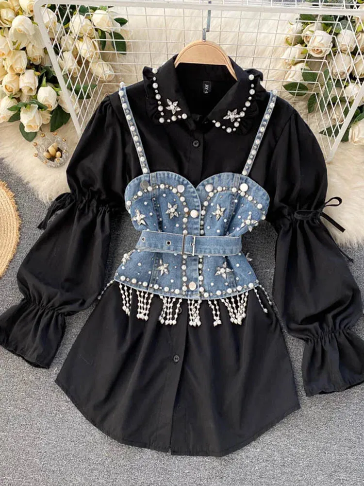 Znbbw Autumn New Blouse Women's Diamond Beaded Puff Sleeve Blusa Top Tassel Pearl Sling Waistcoat Two-piece Stacking Shirt C813 - Image 7