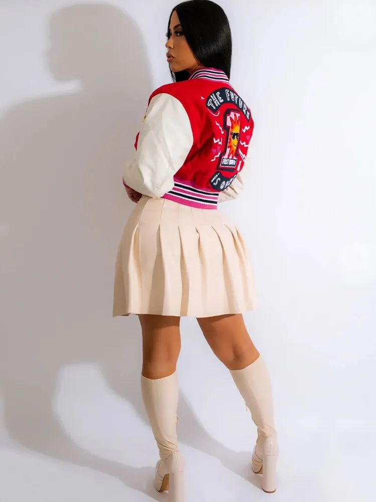 znbbw Autumn Letter Print Patchwork Varsity Jackets Casual Outfit For Women 2023 Long Sleeve Button Up Cropped Jacket Female - Image 4