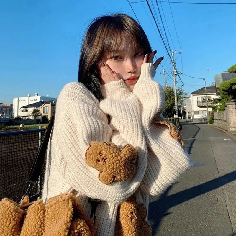 Znbbw Cartoon Bear Sweater Women Cute Knitted Pullovers Japanese Harajuku Oversized Knitwears Korean Loose Casual Jumper Tops - Image 3