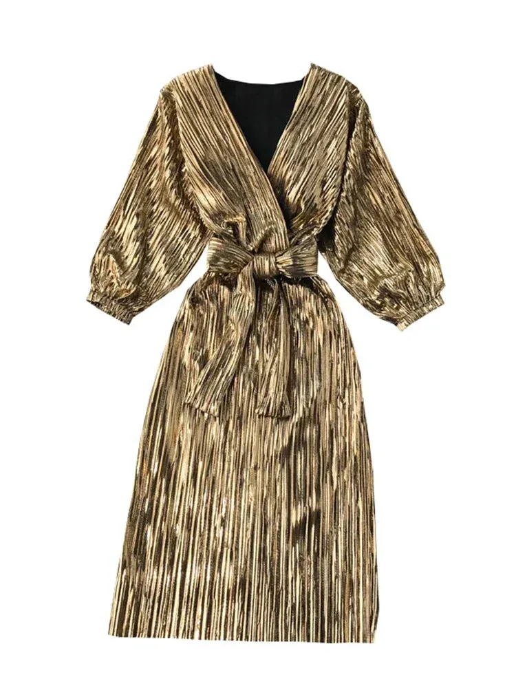 Znbbw Autumn Women's Party Dress Ins Temperament Vintage Waist Pleated Female Long Sleeve Sexy Dress GD226 - Image 5