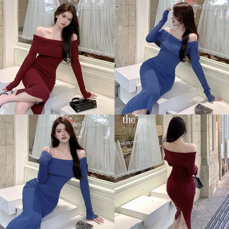 Znbbw Women's Dress  Hip Wrapped Medium Length  Thin  Waist Closed  Split Long Sleeve Straight Shoulder Dress - Image 4