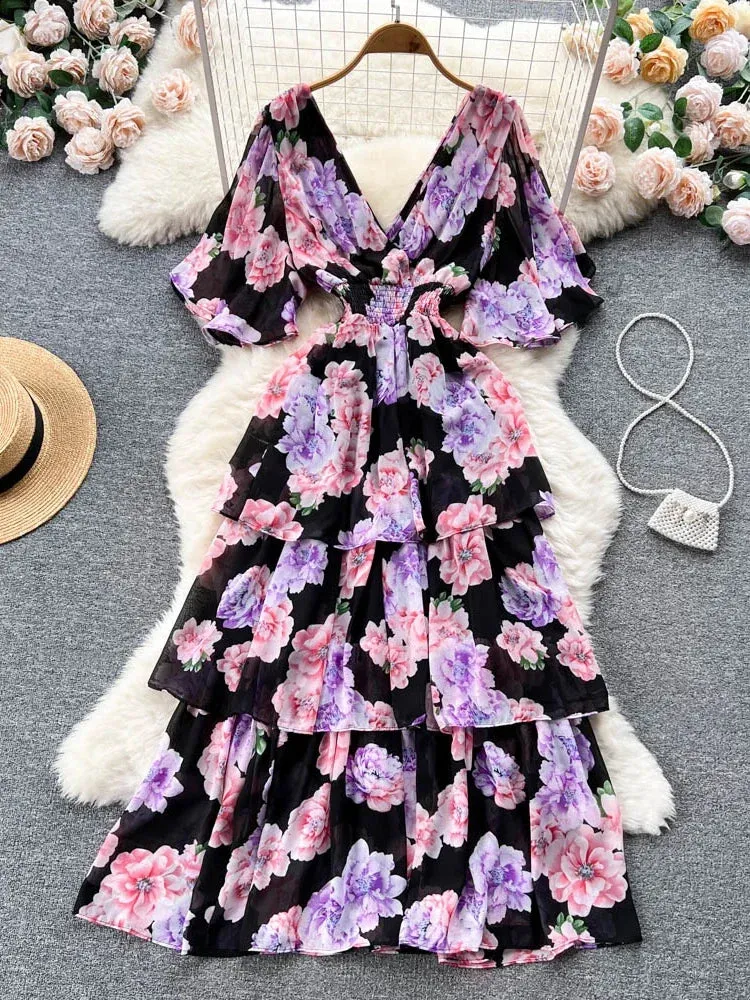 Znbbw Women Summer Dress New Style Gentle Style Short Sleeve V-neck Printed Waist Closing Cake Dress Sweet Fairy Vestidos D2548 - Image 5