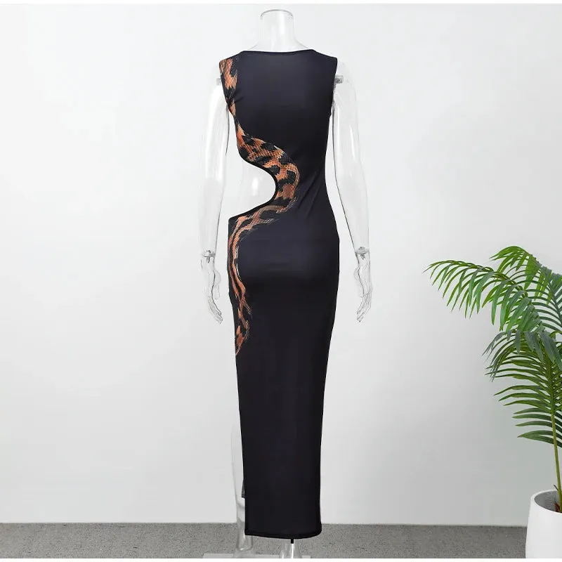 Znbbw Snake Printed Waist Hollow Out Long Dress Women Sexy O Neck Sleeveless High Split Slim Robes 2024 Lady Party Night Gowns - Image 6