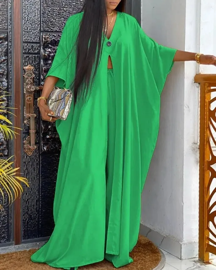 Znbbw Women Printed Pant Sets Summer Loose High Split Top Sundress High Waist Flare Wide Leg Pants Set Female Casual Two Pieces Set - Image 8