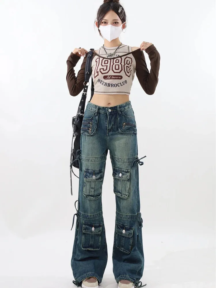 Znbbw Women's Blue Cargo Jeans Y2k Wide Leg Pants High Waist Jeans Korean Aesthetic Fashion Baggy Denim Trouser Vintage Straight Jeans - Image 3