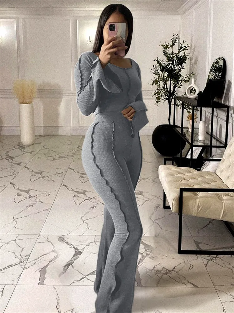 znbbw Autumn Solid Anti Traffic Line 2 Two Piece Sets Casual Outfit For Women 2023 Casual Crop Top And Flare Pants Set Female - Image 4