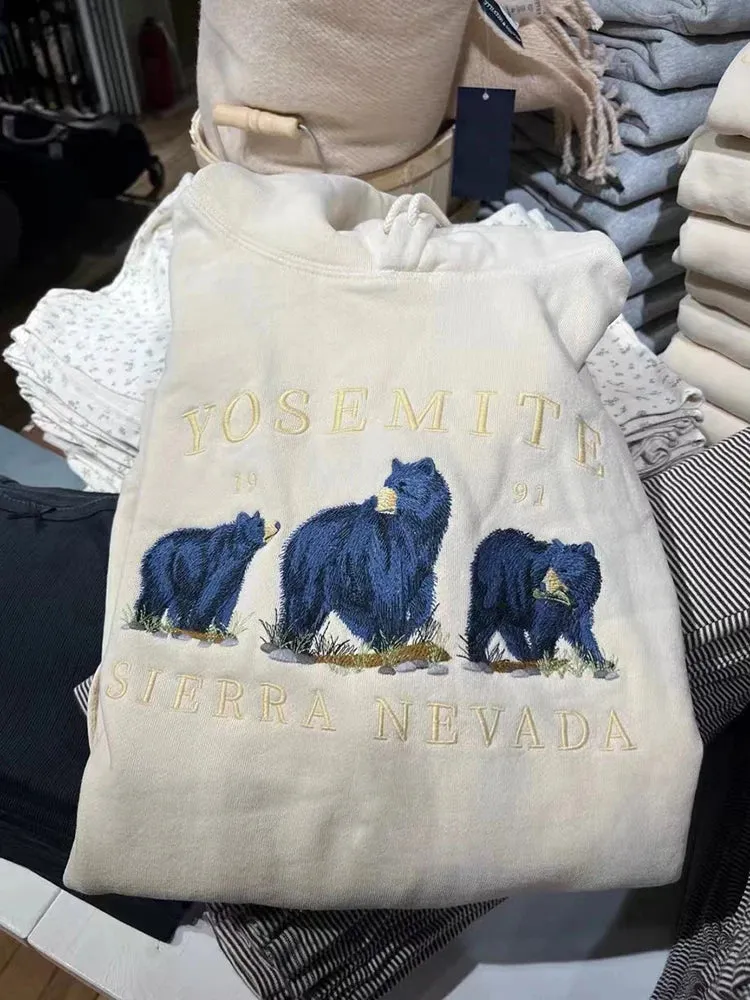 Znbbw Bear Embroidery Beige Hoodie Women Autumn Cotton Pocket Loose Hooded Sweatshirt Vintage Cute Streetwear Pullovers Top Y2k - Image 6