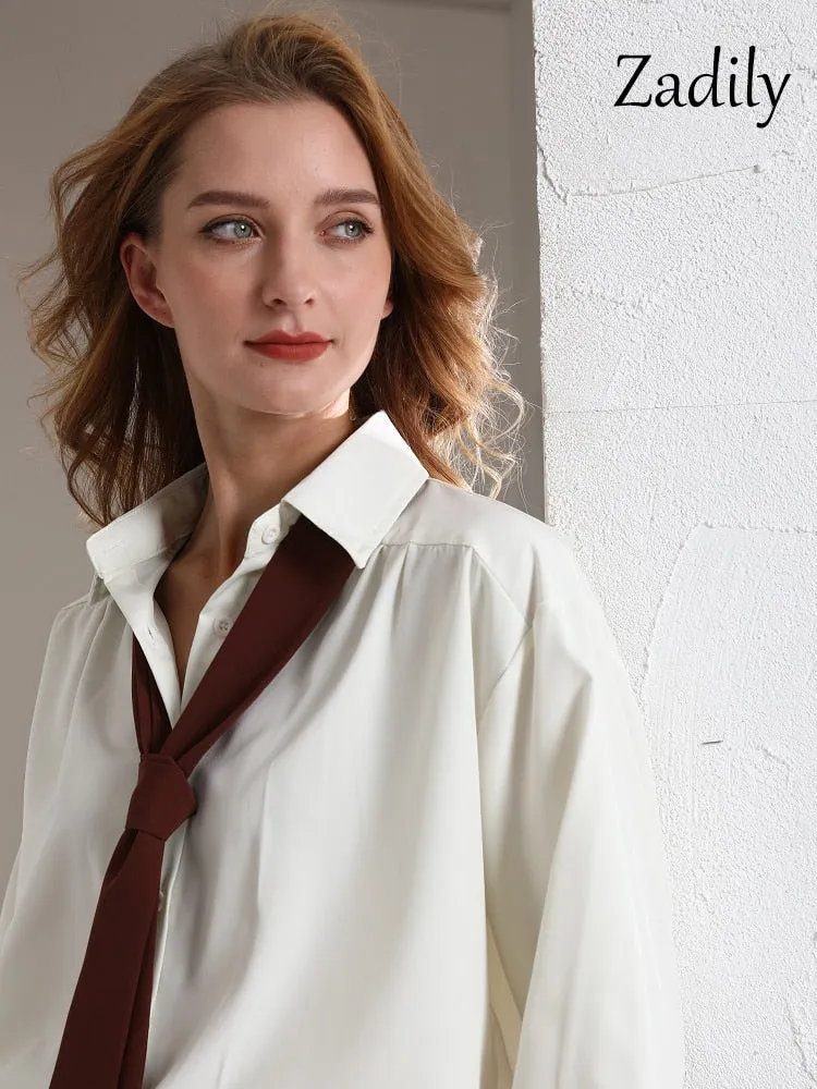 znbbw 2023 Spring Minimalist Long Sleeve Button Up Shirt Women Korean Style Solid Tie Oversize Shirts Blouse Loose Clothes Tops - Image 6