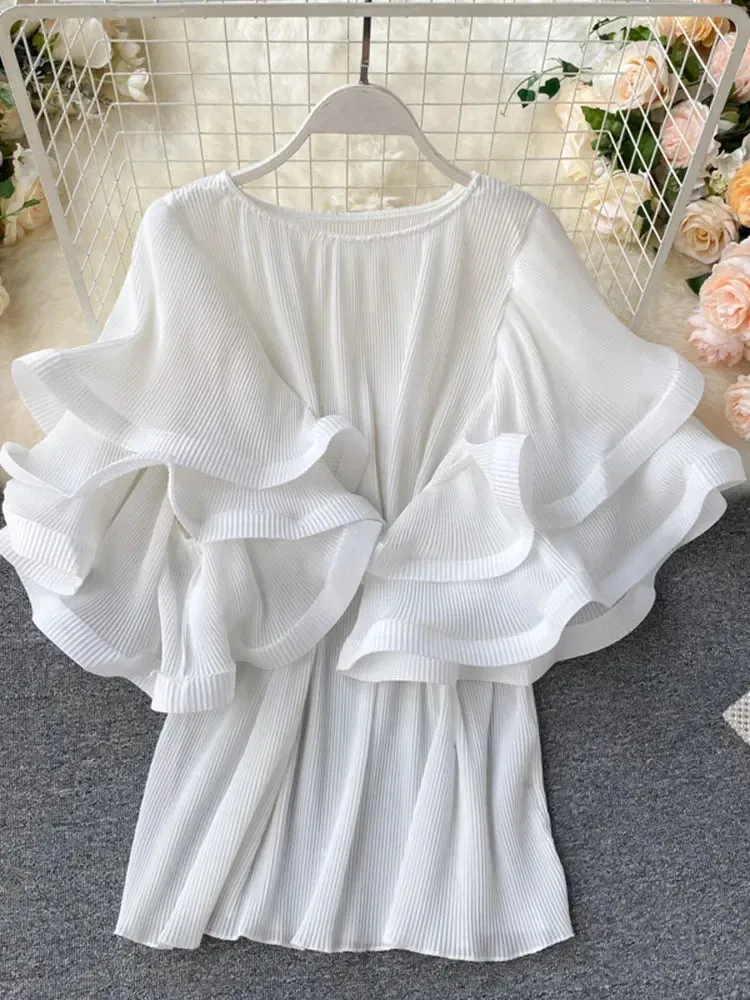 Znbbw Women's Shirt Ins Design Sense Butterfly Sleeve Loose Pleated Chiffon Female Summer Solid Tops New Tide Blouse ML876 - Image 7