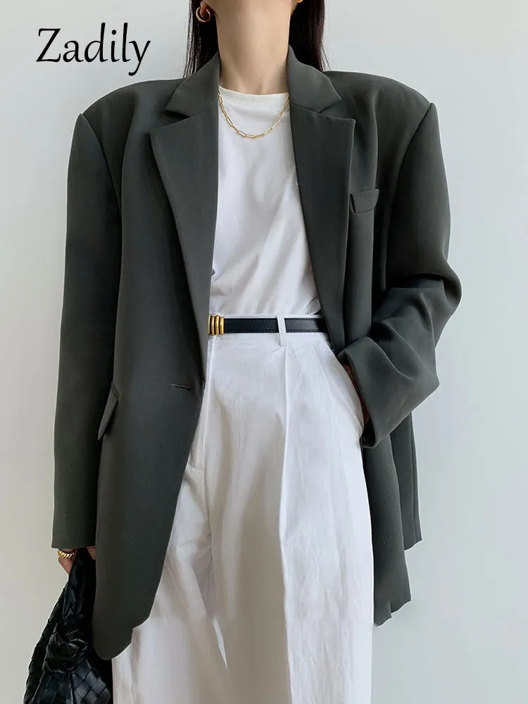 znbbw 2023 Autum Oversize Full Sleeve Gray Women Blazer Office Lady Solid Suit Blazers Work Winter Female Clothing Jackets Coat - Image 8