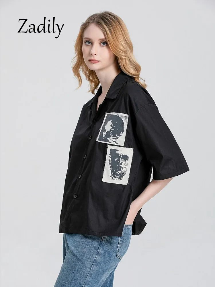 znbbw 2023 Summer Y2k Short Sleeve Shirt Women Patch Designs Button Up Loose Blouse Tunic Gothic Streetwear Female Clothing Top - Image 3