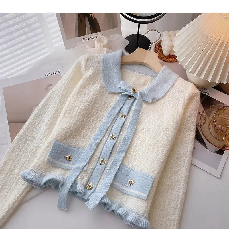 Znbbw Ear Edge Color Contrast Bowknot Sweater Cardigan Women Autumn and Winter 2024 Foreign Small Fragrant Long Sleeve Cardigan - Image 7