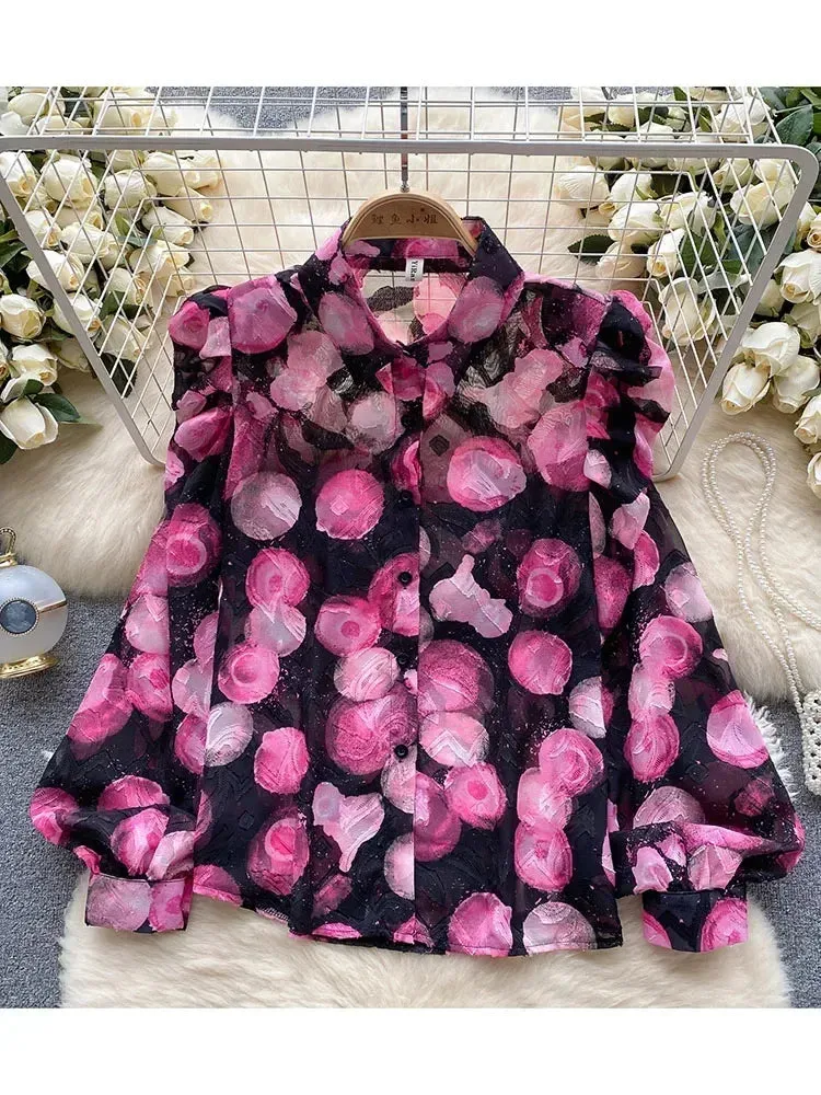 Znbbw Women Spring Autumn Shirt Retro Romantic Atmosphere Printed Shirt with Bubble Sleeves Design High Grade Small Style Top D5496 - Image 3