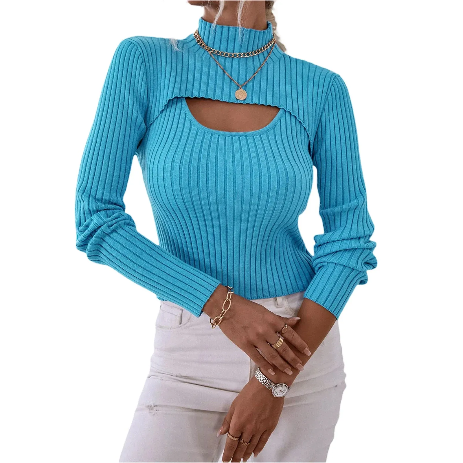 Znbbw Women's Spring Autumn Outfit Sets Solid Color High Neck Long Sleeve Short Knitwear Ribbed Sling Vest Shirt 2pcs Knitted Clothes - Image 3