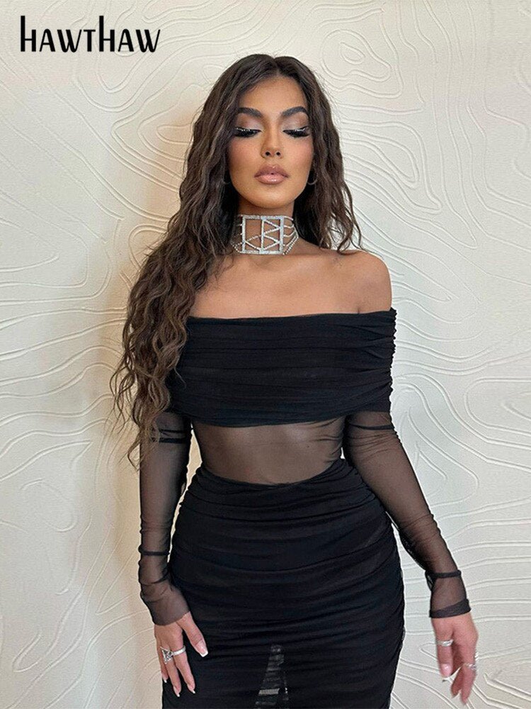 Znbbw Women Long Sleeve Mesh See Through Party Club Bodycon Black Midi Dress 2023 Fall Clothing Wholesale Items For Business - Image 2
