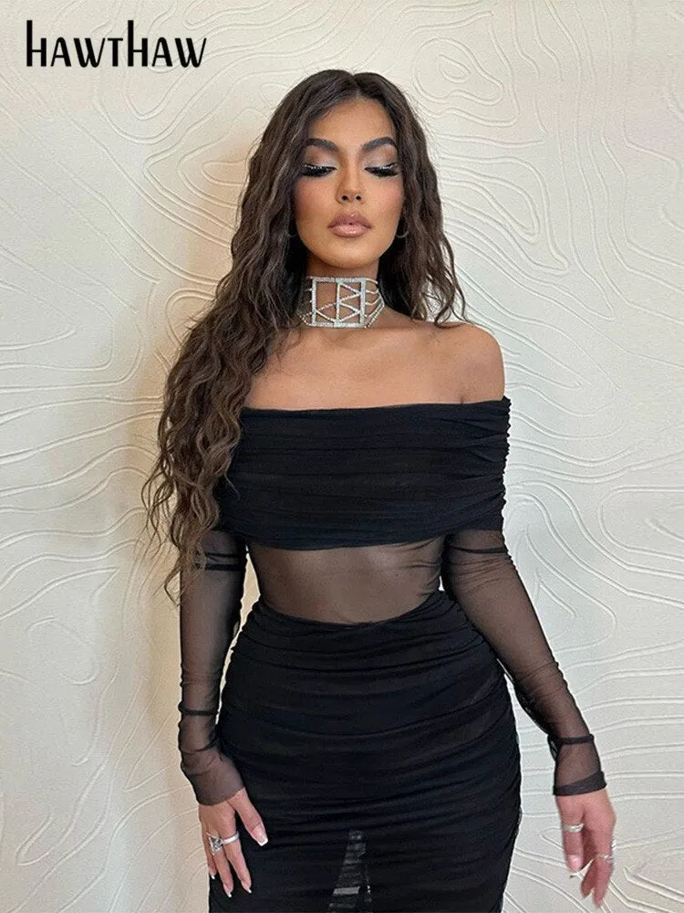Znbbw Women Long Sleeve Mesh See Through Party Club Bodycon Black Midi Dress 2023 Fall Clothing Wholesale Items For Business 0410 - Image 2