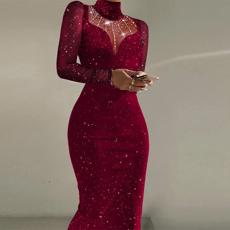 znbbw Women Fashion Slim Patchwork Mesh Maxi Dress 2023 Elegant Glitter Banquet Dress Sexy Turtleneck Bodycon Shiny Ladies Party Dress - Image 15