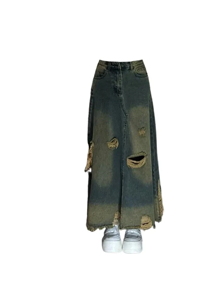 Znbbw Women's A-Line Denim Skirts Y2k Harajuku Korean Vintage 90s Oversize Ripped High Waist Long Jean Skirt 2000s Trashy Clothes 2024 - Image 2