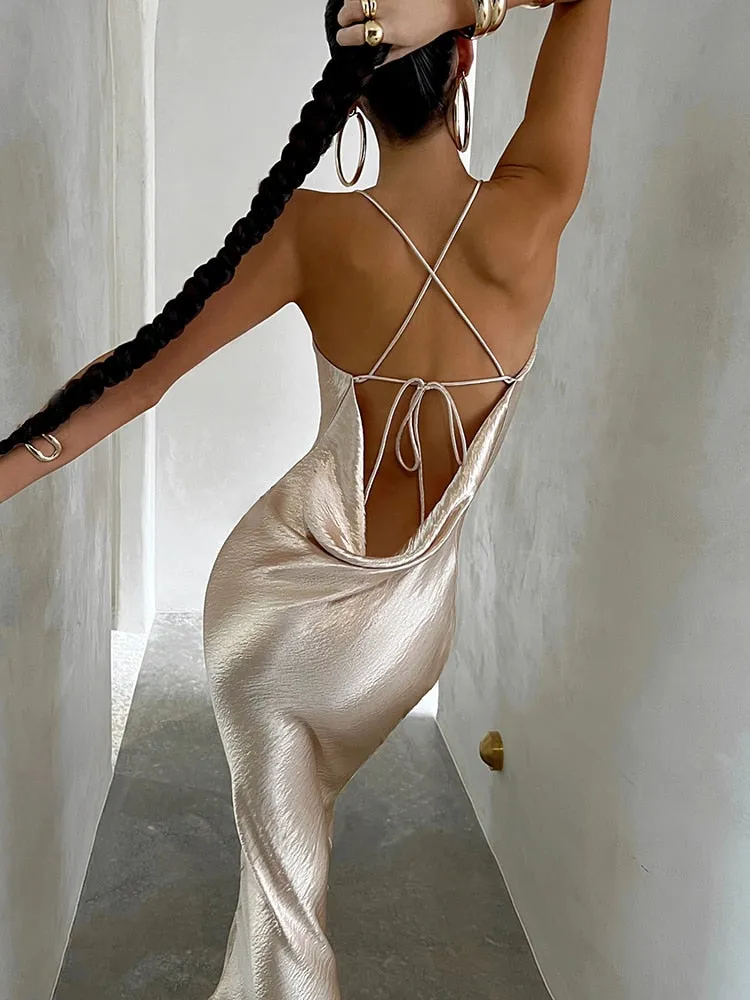 Znbbw Elegant Satin Backless Maxi Dress For Women Gown Summer Spaghetti Strap Sleeveless Night Club Party Long Dress Vestido - Image 2