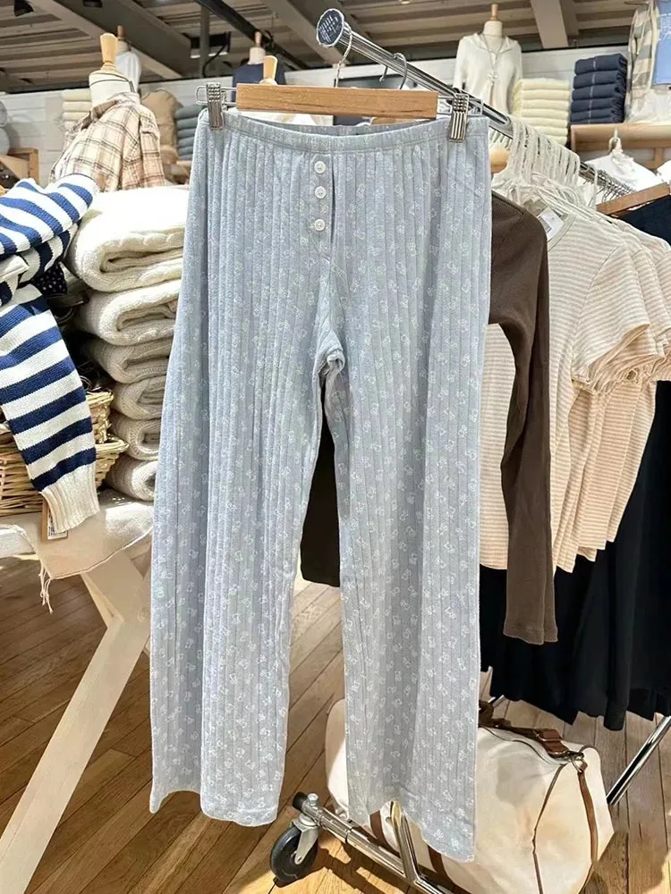 Znbbw Bear Print Eyelet Casual Long Pants Women Clothes Cotton Elastic Waist Home Trousers Vintage Cute Autumn Straight Pants