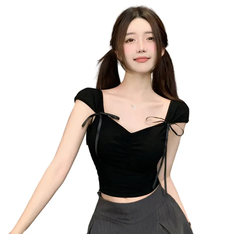 Znbbw Women's short sleeved knitwear top Strap design Sweet Short cut Slimming Slim fit Knit V-neck Vest - Image 4