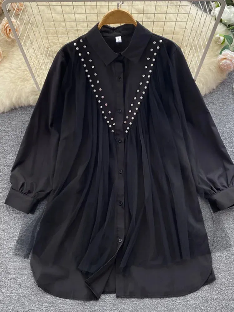 Znbbw Autumn High-end Mesh Gauze Studded Beads POLO Collar Dress Female Cold Wind White Temperament Shirt Top Women Blouse D1489 - Image 10