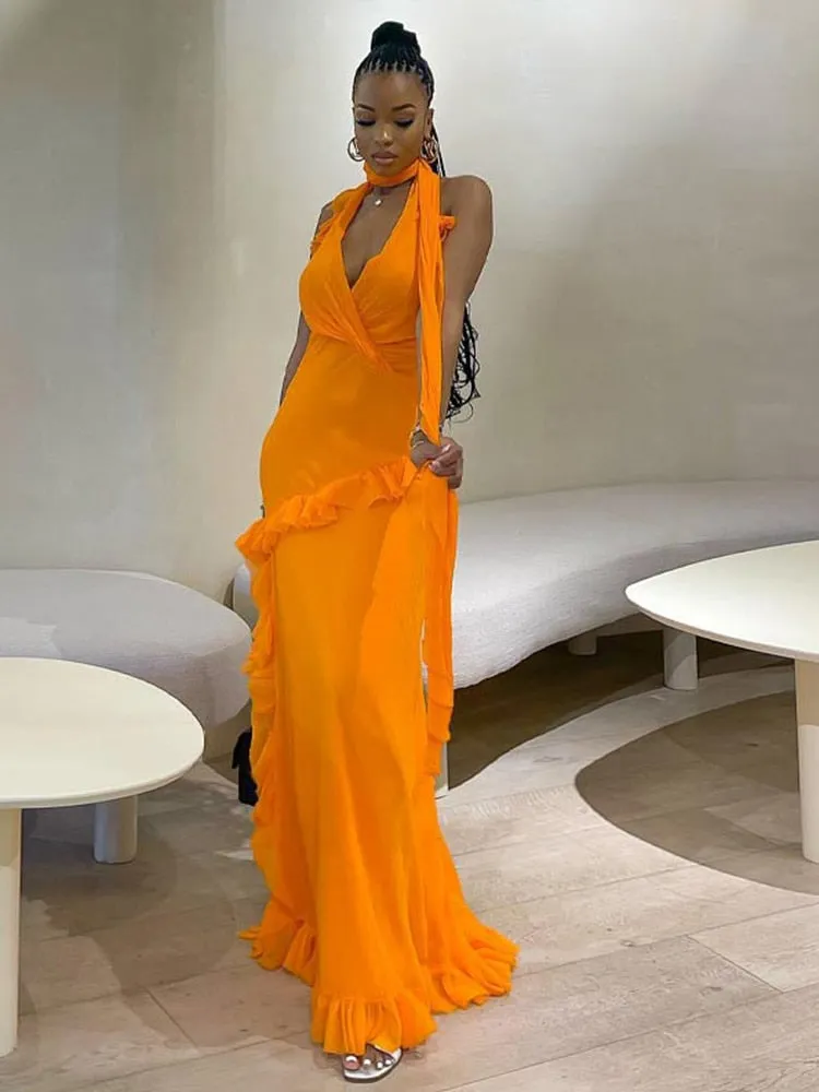 Znbbw Women Elegant Irregular Ruffles Slim Long Dress 2023 Summer Sexy V-neck Sleeveless Halter Maxi Dresses Beach Party Club Gowns - Image 3