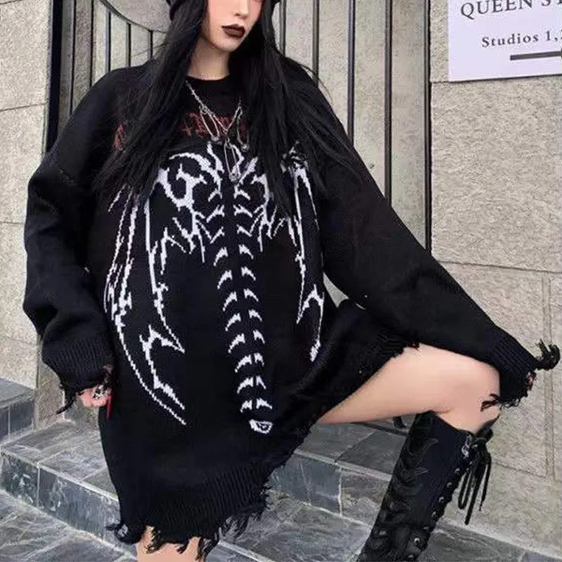 Znbbw Skeleton Print Goth Punk Sweaters Women Clothes Harajuku Oversized Tops 2023 Autumn Fashion Retro Grunge Pullover Streetwear - Image 2