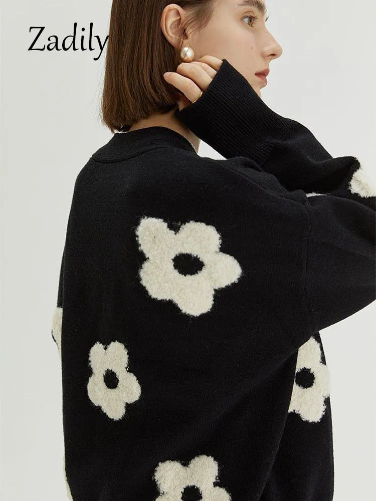 znbbw 2023 Winter New In Vintage Floral EmbroideryLoose Women Knit Cardigan Korea Style Button Up Ladies Sweater Coat Clothing - Image 6