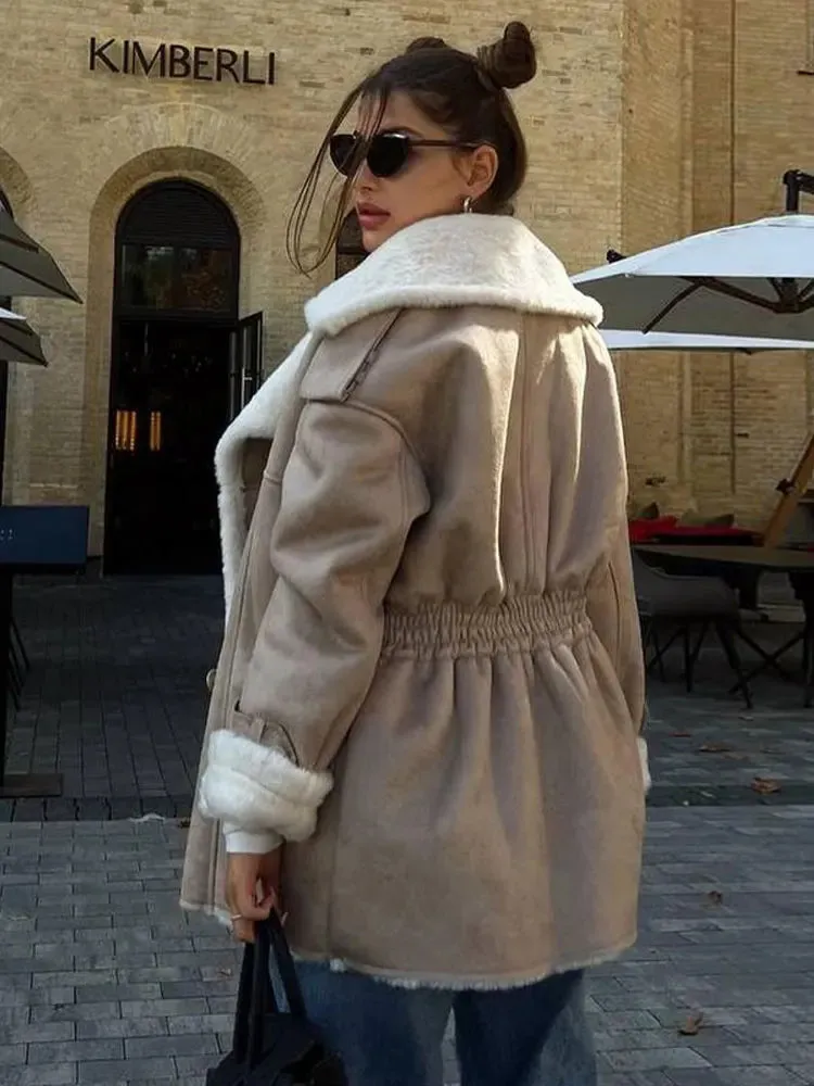 Znbbw Women's Long Sleeved Plush Lapel Long Sleeved Jacket Casual Loose Double Breasted Panel Outwear 2023 Chic Winter Warm Streetwear - Image 6