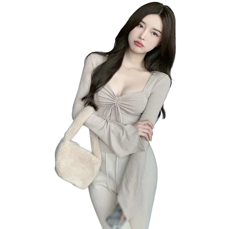 Znbbw Women's T-shirt Solid Square Neck Slim Fit Sexy Slim Fit Sweet Spicy Long Sleeve T-shirt Short Top - Image 2