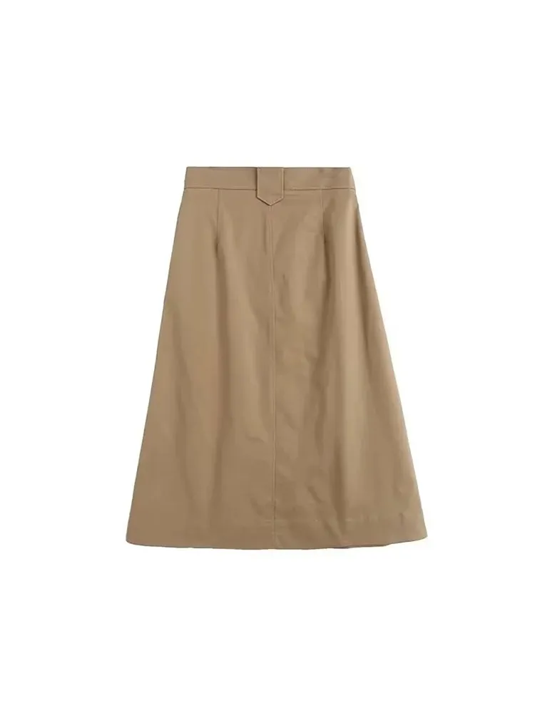 Znbbw 2023 Summer Autumn Skirt Women Loose Pockets Midi Khaki Skirt Women With Button - Image 6