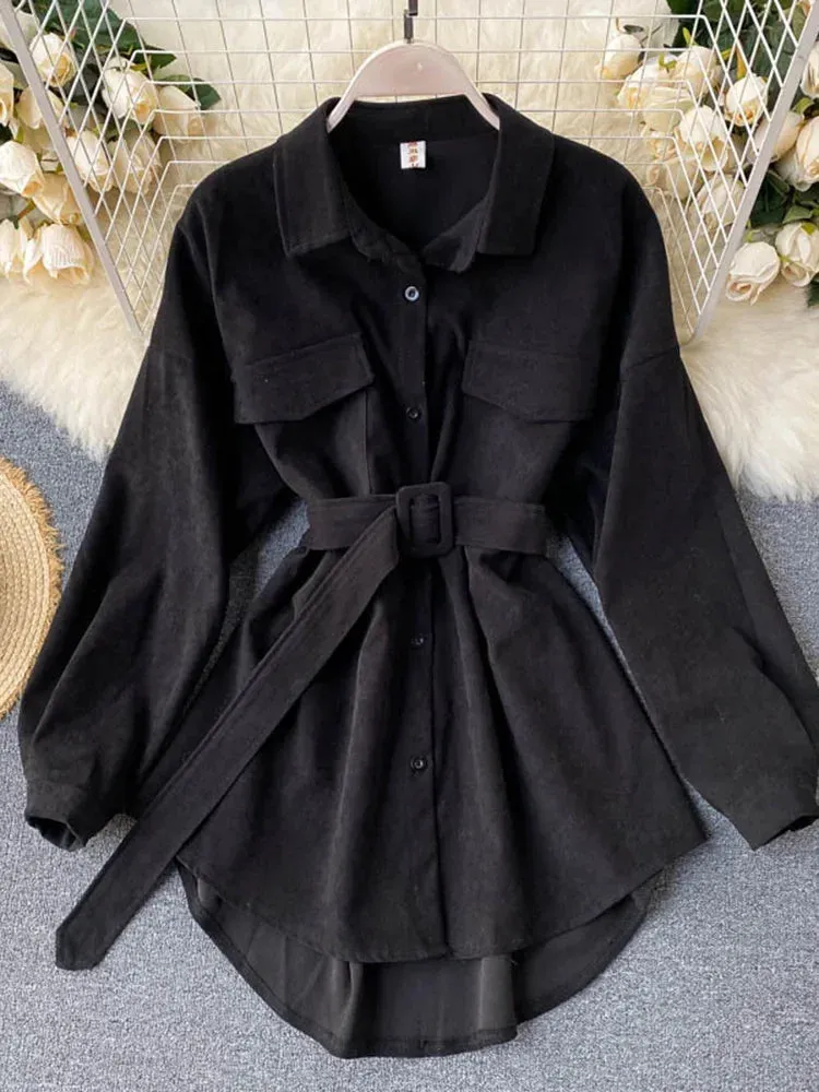 Znbbw Women Spring Autumn Shirts Retro Cargo Style Pockets Long-Sleeved Shirt Puff Sleeve Bandage Nipped Waist Tops Female PL438 - Image 4